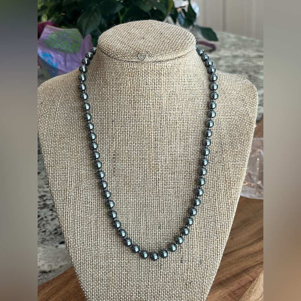 Vintage Charcoal Glass Pearls With Silver Clasp